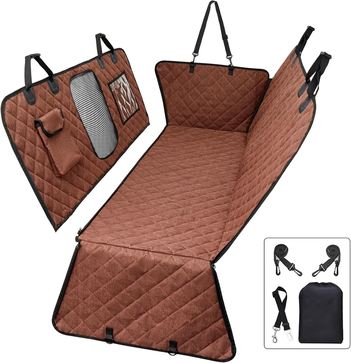 Car Dog Hammock - Waterproof Seat Cover with Mesh Window and Big Pocket for Back Seat - Nonslip Rubber Back, Washable Luxury Material for Car/Suv