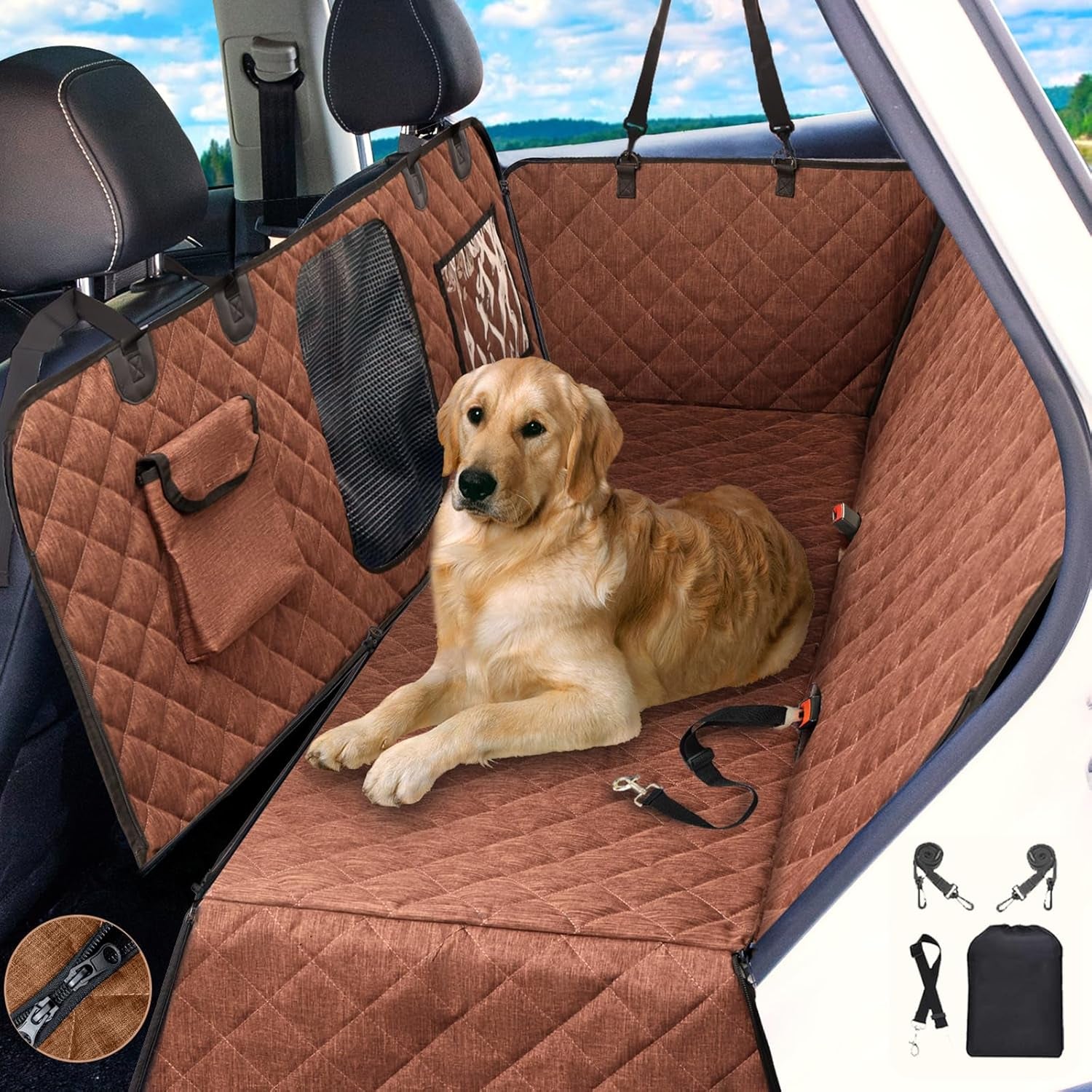 Car Dog Hammock - Waterproof Seat Cover with Mesh Window and Big Pocket for Back Seat - Nonslip Rubber Back, Washable Luxury Material for Car/Suv